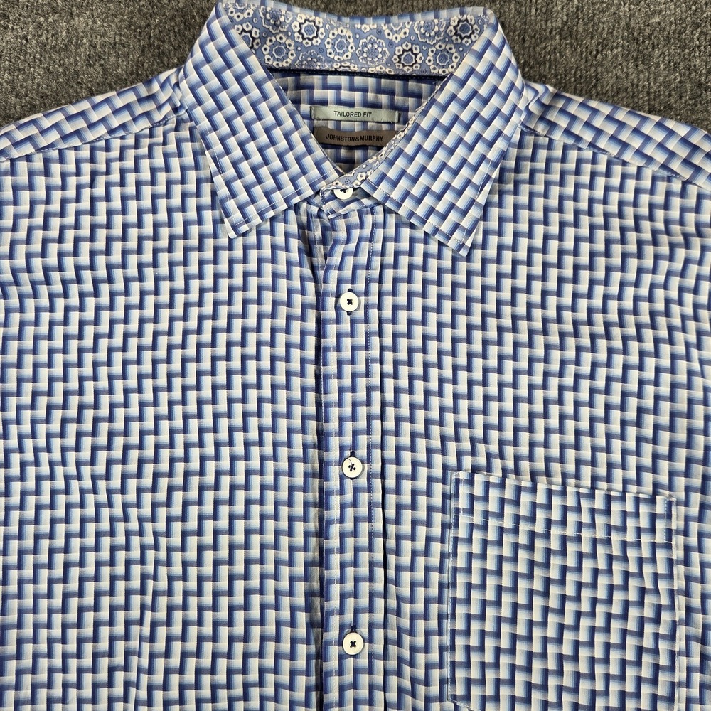 Johnston & Murphy Men's XL (FIT 2XL) Blue Geometric Button Up Flip Cuff Shirt
